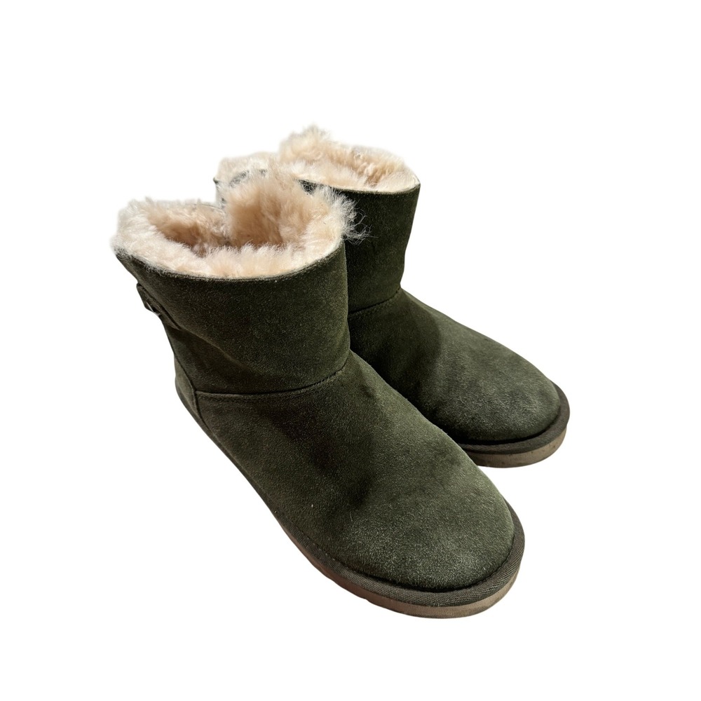 Koolaburra Victoria Short Olive Green Suede Fur Trim Boots‎ 1096412 Women 9
